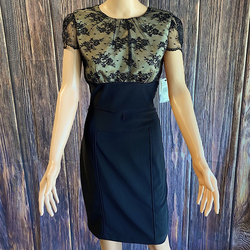 ABS Allen Schwartz NWT black and gold floral lace cocktail dress size 6